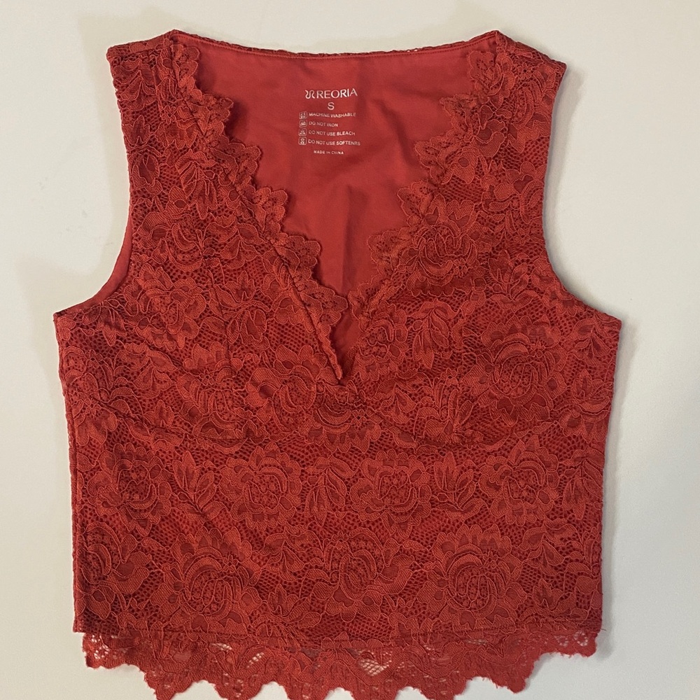 ReoRia Deep Salmon Lace Detail Top